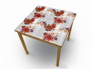 Autocolant blat masă, model ziar cu flori roșii, 100 x 100 cm, racletă inclusă