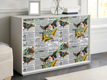 Autocolant mobilă decorativ, model ziar cu fluturi galbeni, 100 cm lățime