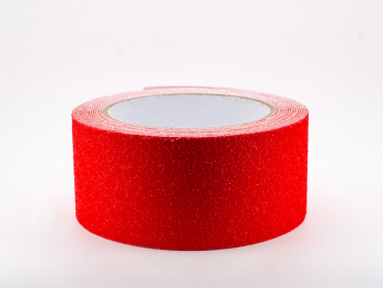 Bandă antialunecare, antiderapantă,  autoadezivă cu granulație grosieră, culoare roșie, ideală pentru scări și podele, rolă 5 cm x 5 m