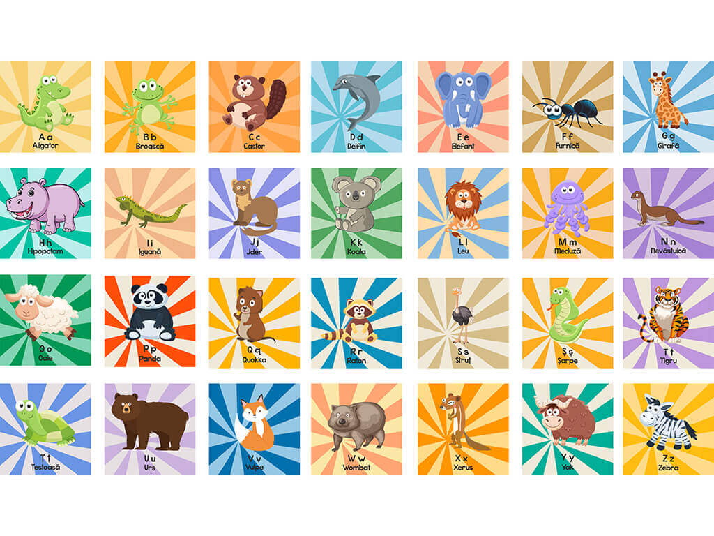 Sticker alfabet, denumiri de animale în limba română – planșe individuale, 20x20 cm