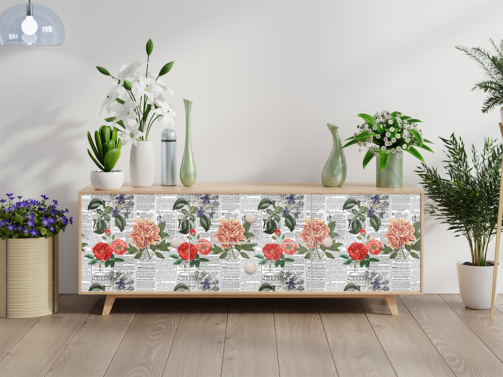 Autocolant decorativ, model ziar cu flori multicolor, 100 cm lățime