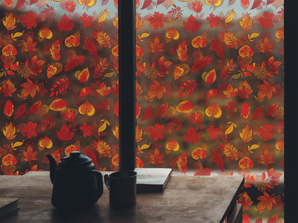 Folie geam autoadezivă frunze arămii , Folina, decor de toamnă, lățime 100 cm
