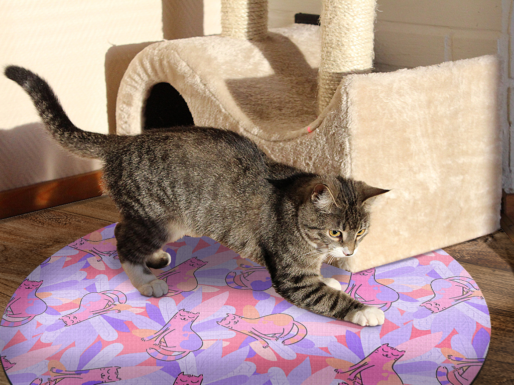 Covor-antiderapant-pentru-animale-de-companie-model-pisici-violet-linoleum-antiderapant-rotund-1-5732