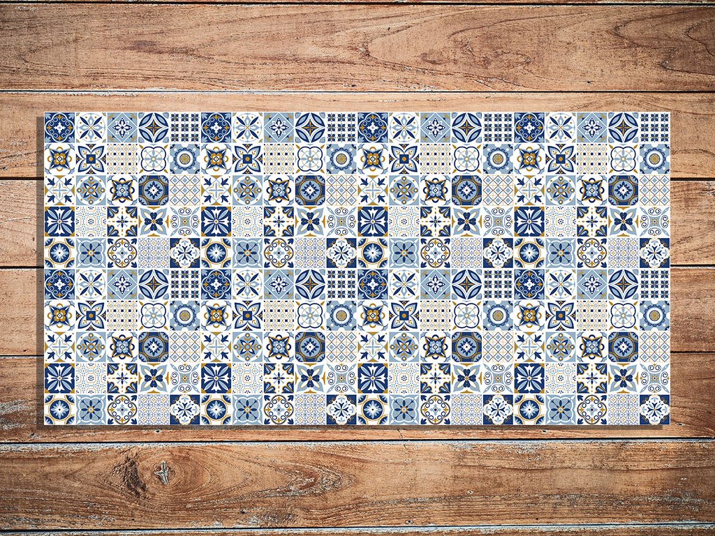 Covor antiderapant, traversă vinil cu model mozaic patchwork albastru, 70 cm lățime