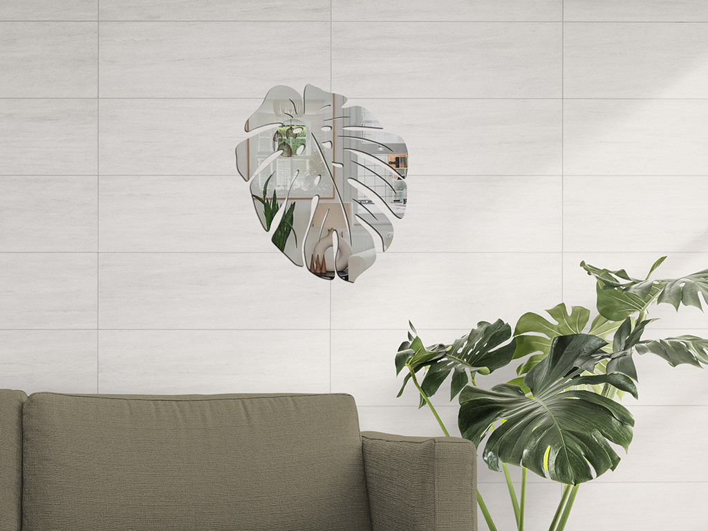 Decoratiune-de-perete-frunza-tropicala-oglinda-acrilica-argintie-simulare-1-8938