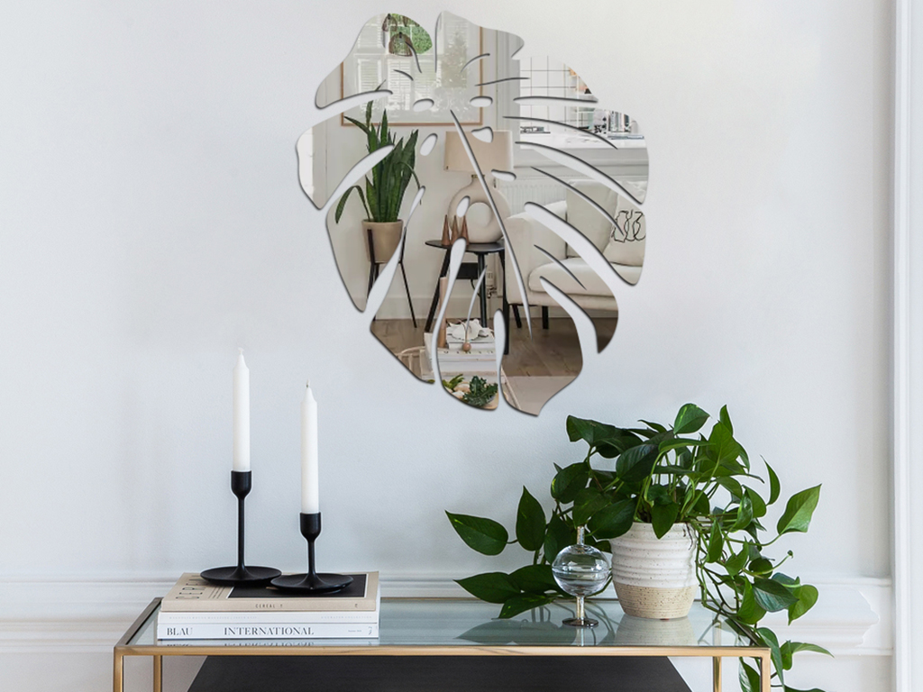 Decorațiune de perete Frunză tropicală din oglindă acrilică argintie, 25x22 cm