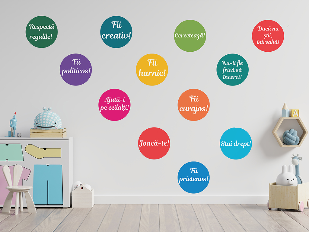 Sticker Regulile clasei, Folina, multicolor, set 12 buline mari cu mesaje, planșă mare de 100x125 cm , racletă de aplicare inclusă
