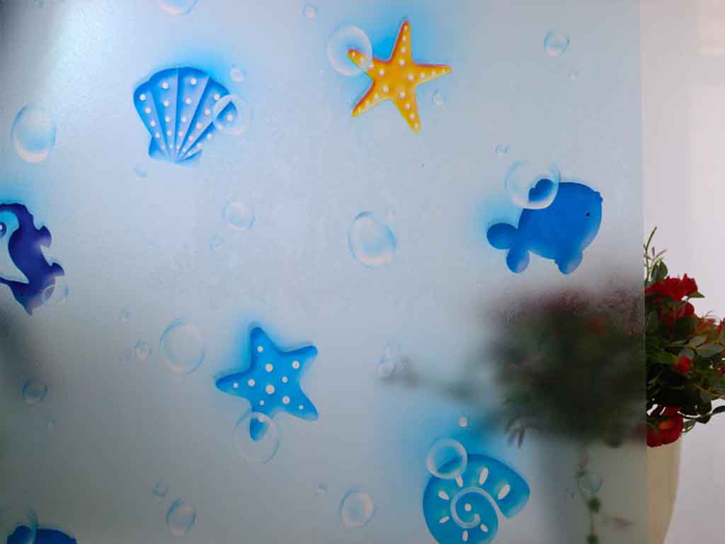 Folie cabină duş Scoici, MagicFix, albastră, autoadezivă, 92 cm lăţime