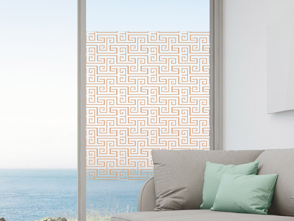 Folie geam autoadezivă Orange Maze, transparentă cu model geometric portocaliu, 122 cm lăţime