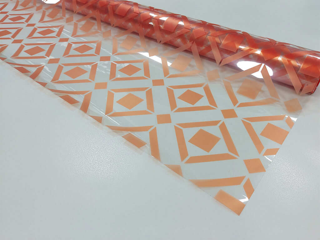 Folie geam autoadezivă Copper Squares, Folina, transparentă cu model geometric portocaliu, 122 cm lăţime