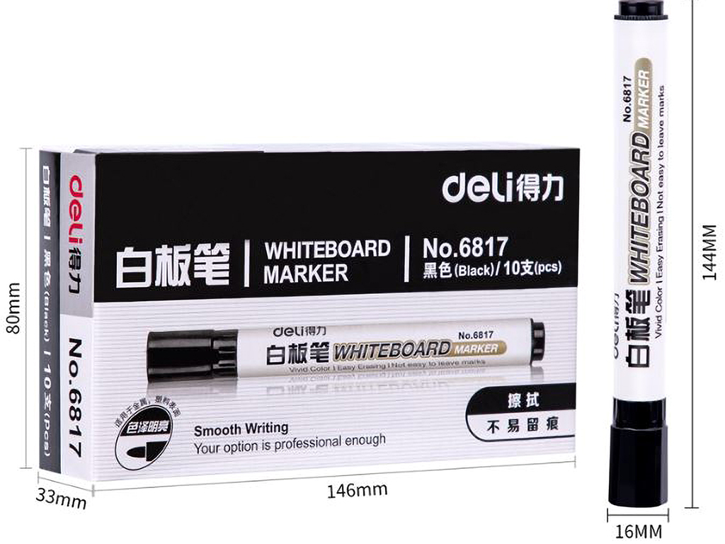 Set 10 markere semipermanente pentru tablă whiteboard, Deli 6817, culoare negru