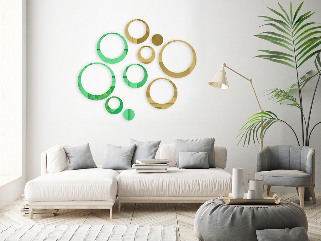 Set 10 stickere oglindă cercuri, Folina, decoraţiune perete din oglindă acrilică verde şi aurie