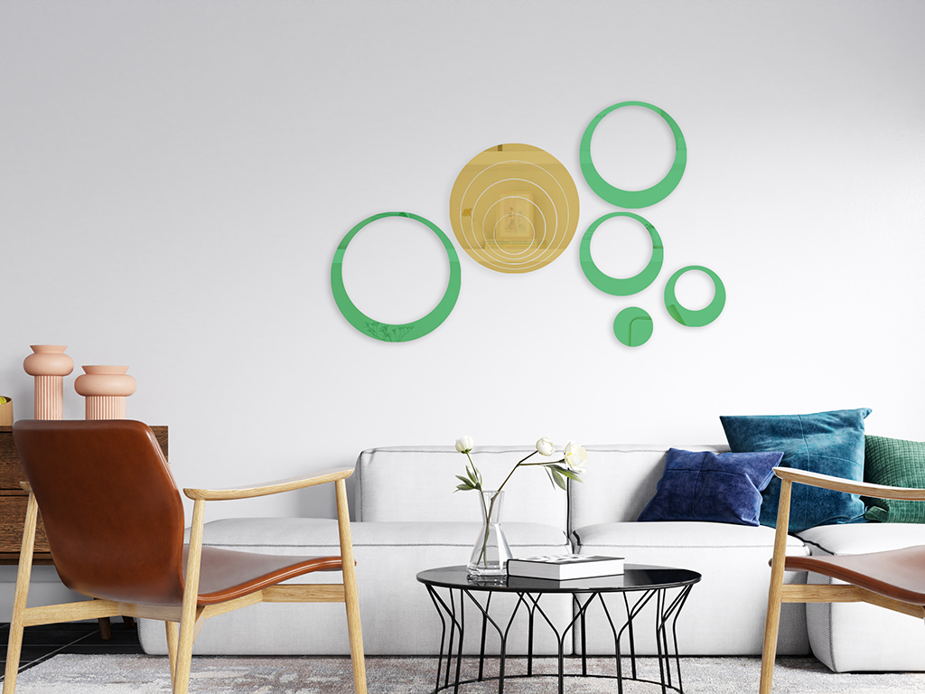 Set 10 stickere oglindă cercuri, Folina, decoraţiune perete din oglindă acrilică verde şi aurie