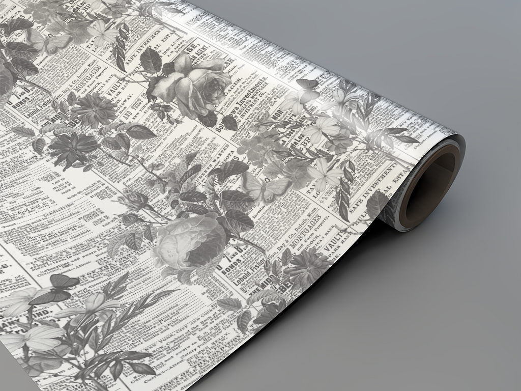 Autocolant blat masă, model ziar cu flori gri, 100 x 200 cm, racletă inclusă