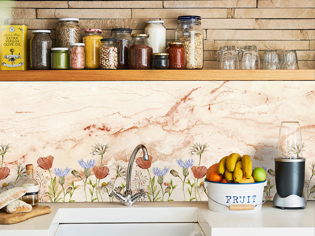 Autocolant perete, Folina, marmură bej cu detalii florale colorate, 67x200 cm