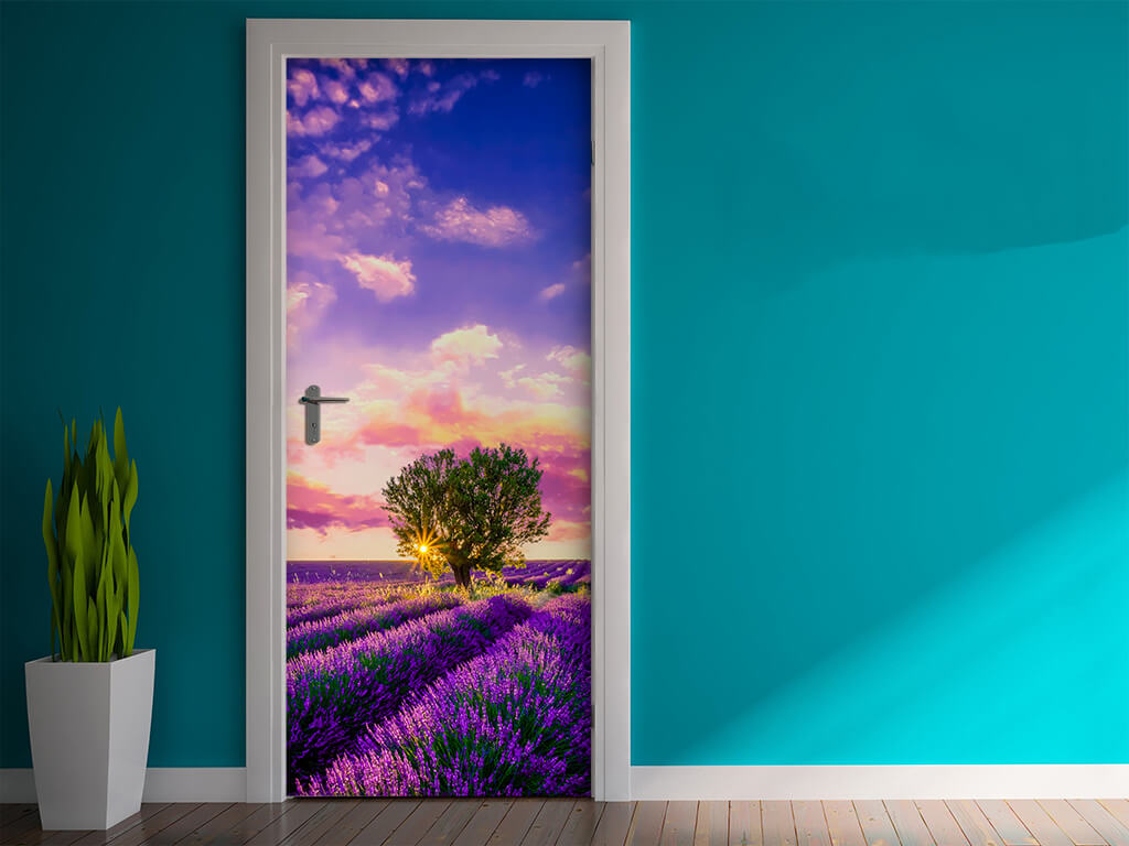Autocolant uşă Câmp lavandă, Folina, model multicolor, dimensiune autocolant 92x205 cm