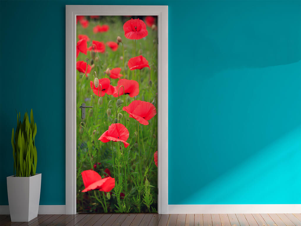 Autocolant uşă Maci roşii, Folina, model multicolor, dimensiune autocolant 92x205 cm