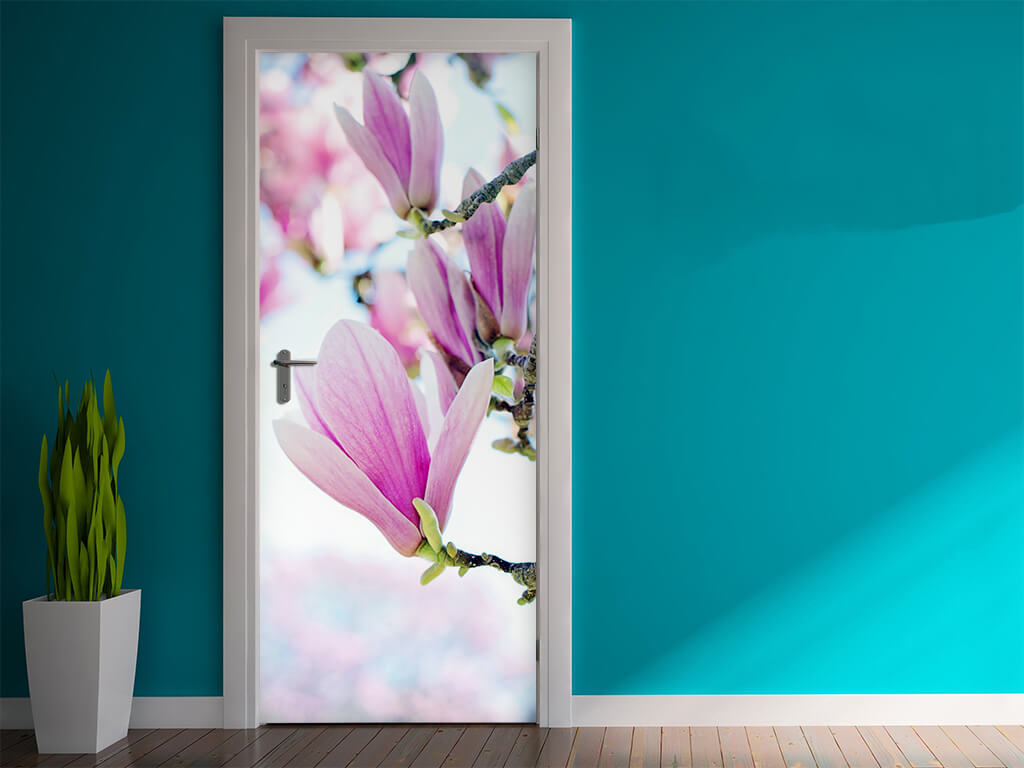 Autocolant uşă Floare de Magnolie, Folina, culoare roz, dimensiune autocolant 92x205 cm
