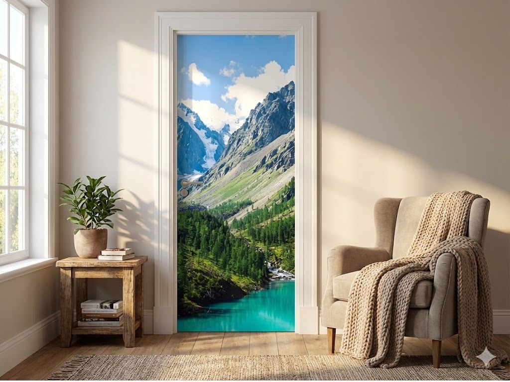 Autocolant ușă peisaj montan 92x205 cm, efect window view 3D