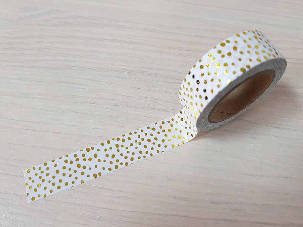 Bandă adezivă Washi Tape albă cu pete aurii