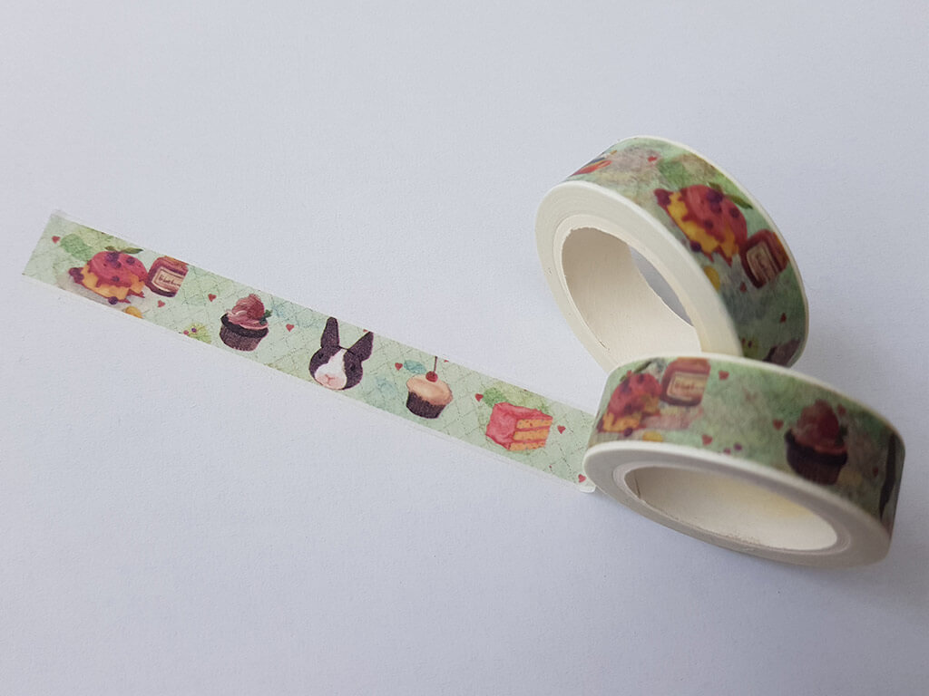 Set 4 role washi tape, bandă adezivă, model cu brioşe, 15 mmx10 m