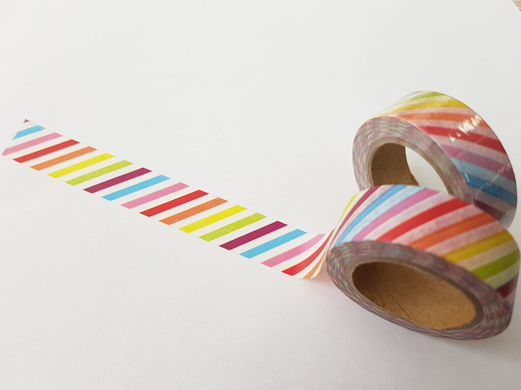 Bandă adezivă Washi Tape, Folina, model cu dungi oblice colorate, rolă bandă adezivă 15 mmx10 m