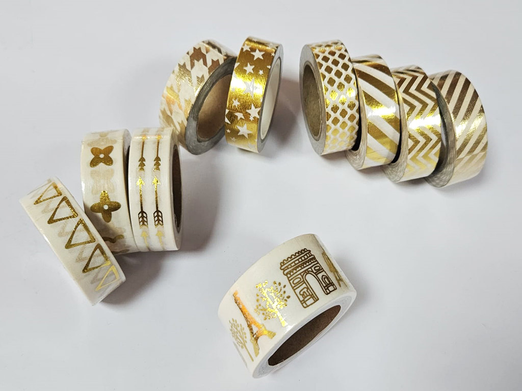 Set 10 role Washi Tape, benzi adezive decorative cu modele auriu metalic