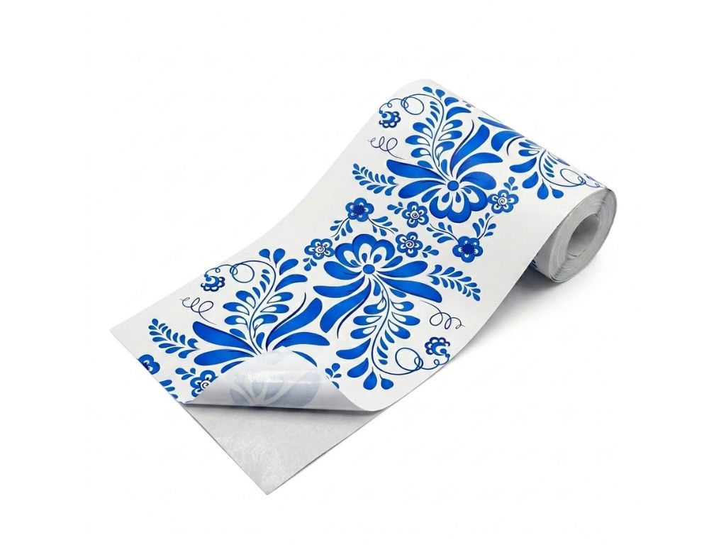 Set 3 borduri decorative autoadezive Bella, folie transparentă cu imprimeu floral albastru, role de 15 x 100 cm