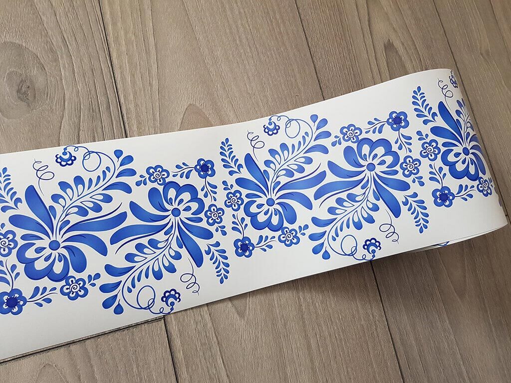 Bordură decorativă autoadezivă Bella, imprimeu floral, albastru, 15 x 100 cm