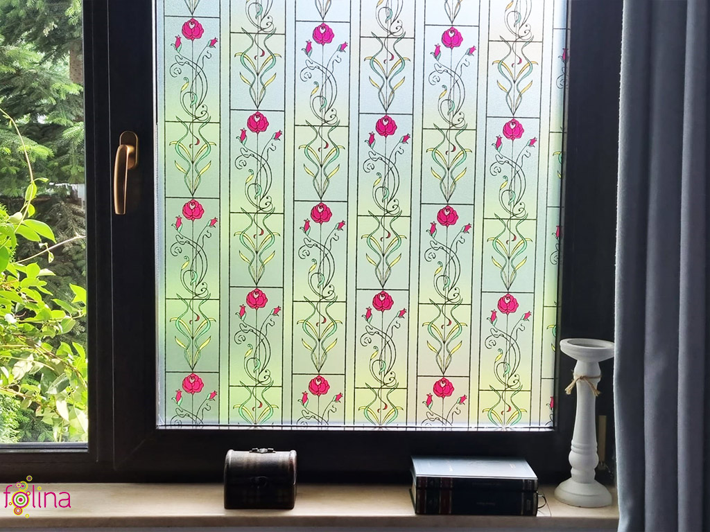 Folie geam autoadezivă, Folina, sablare tip vitraliu clasic, 90 cm lățimea rolei