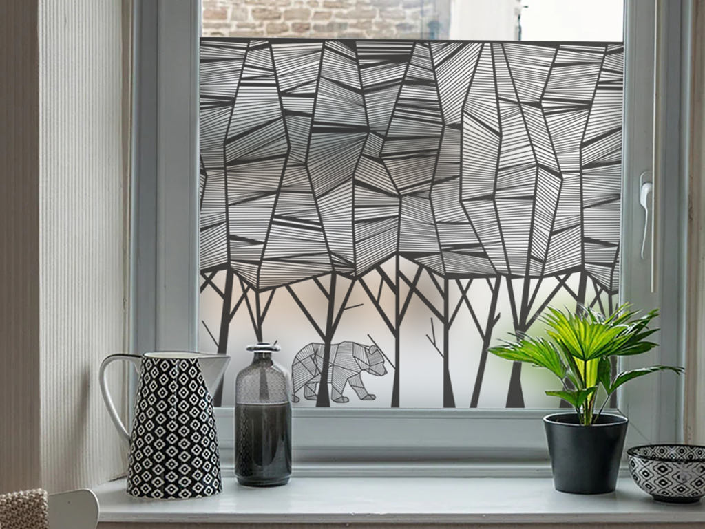 Folie geam autoadezivă sablată, model pădure minimalistă, tip bordură, 45x200cm – intimitate și design modern