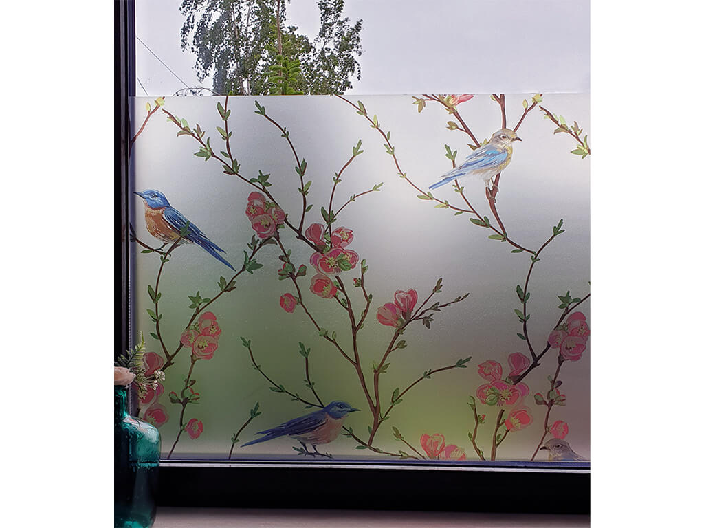 Folie geam autoadezivă Veneciano, Folina, sablare cu model crengi înflorite şi păsări, 100 cm lăţime