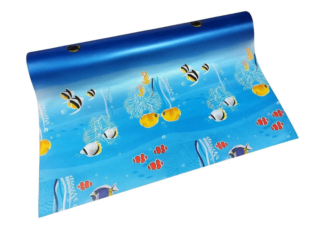 Folie geam cabină duş, sablare albastră cu model pești şi corali, 90 cm lăţime