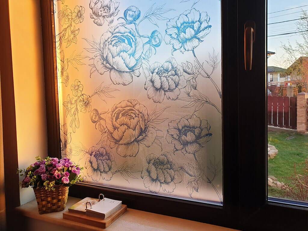 Folie geam autoadezivă Petra, Folina, imprimeu floral, albastru, lățime 100 cm