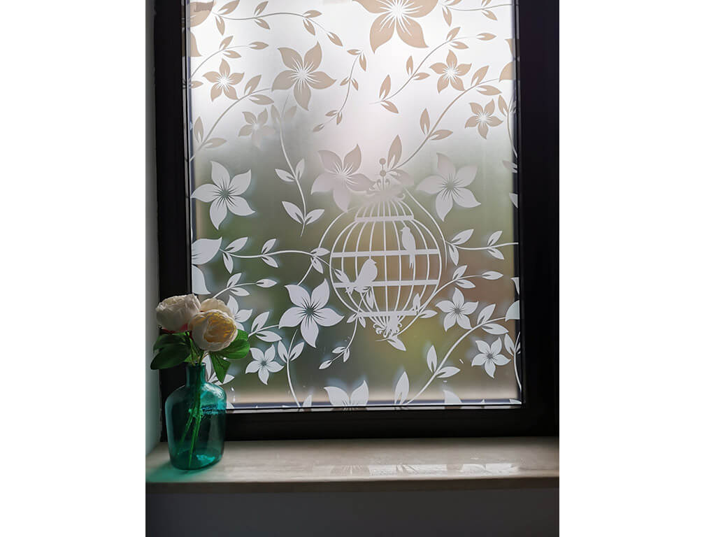 Folie geam autoadezivă Bird Garden, Magicfix, imprimeu floral alb, lățime 100 cm