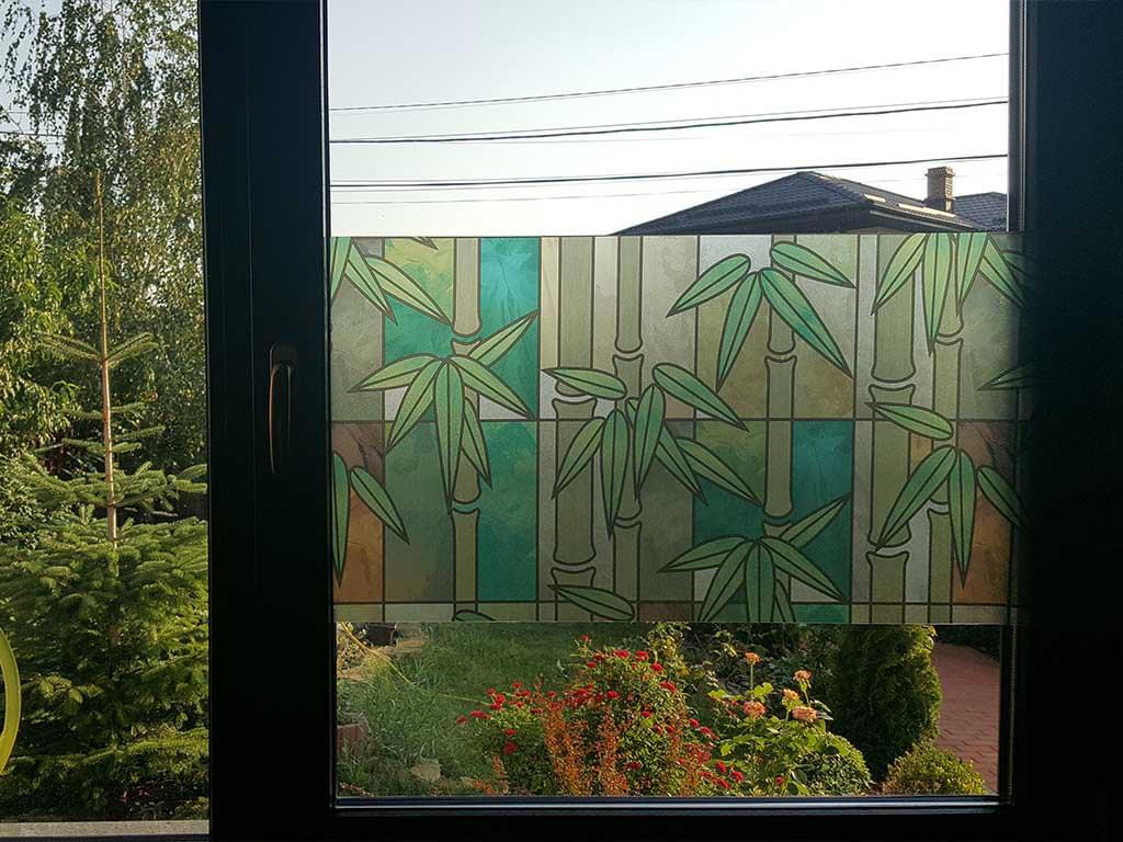 Folie geam vitraliu Exotique, MagicFix, model bambus verde, 100 cm lăţime