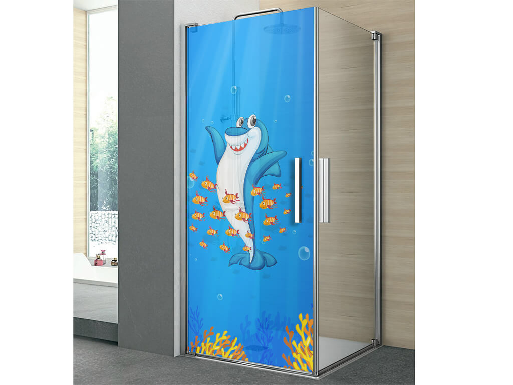 Folie cabină duş, Folina, sablare albastră cu model rechin, autoadezivă, rolă de 100x210 cm