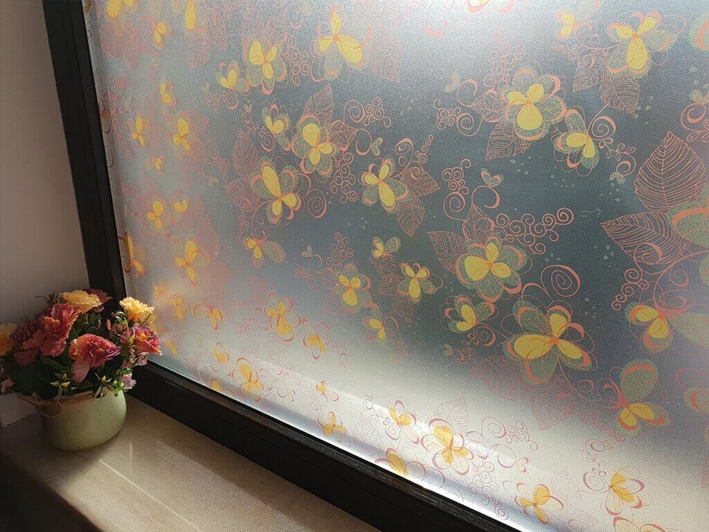 Folie geam autoadezivă Eva, Folina, imprimeu floral, multicolor, lățime 90 cm