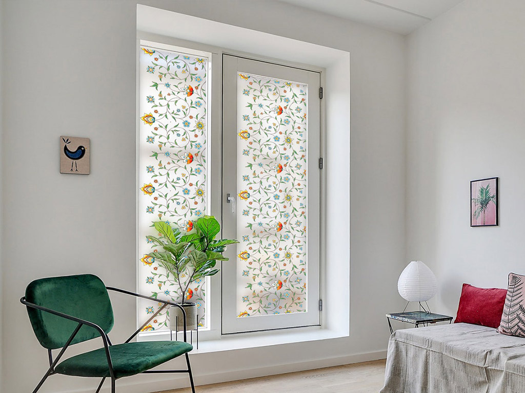 Folie sablare uşă din sticlă, Folina, model floral Campo, rolă de 100x210 cm, cu racletă aplicare și cutter incluse