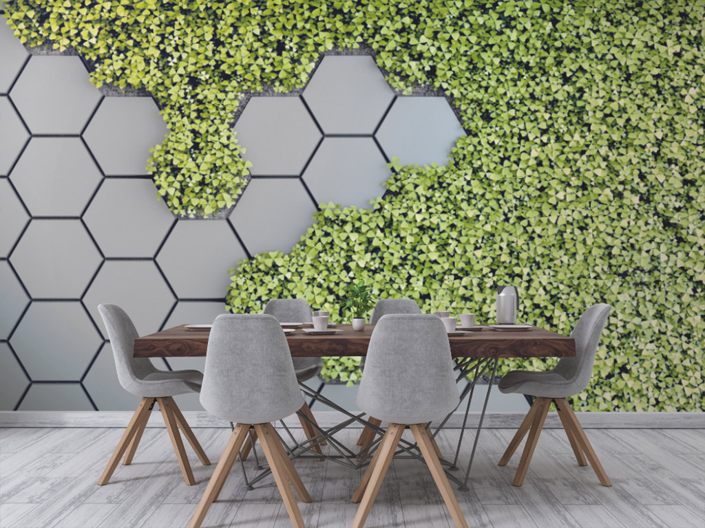 Fototapet 3D Green Vertical Garden, hexagoane gri si plante verzi, 400x260 cm