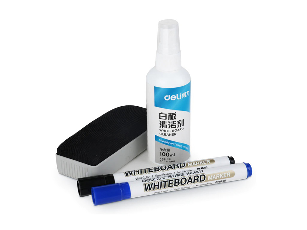 Set accesorii tablă whiteboard, Deli 7839, 2 markere, spray şi burete