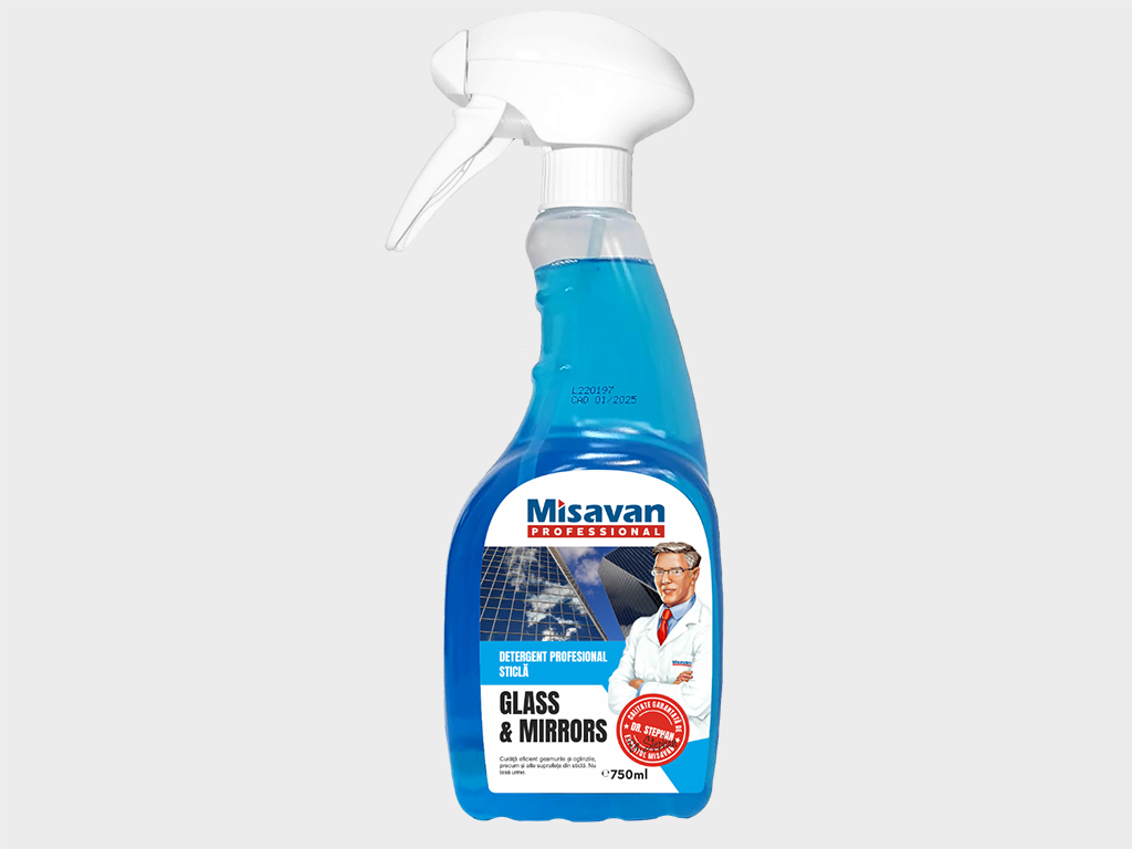 Soluție de curățat geamuri, Misavan Dr. Stephan Glass&Mirrors, recipient de 750 ml, racletă curăţare cadou