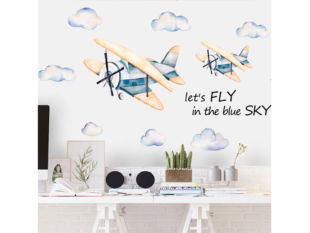 Stickere copii Avioane printre nori, pentru cameră băiat, set 2 planșe cu elemente individuale și racletă