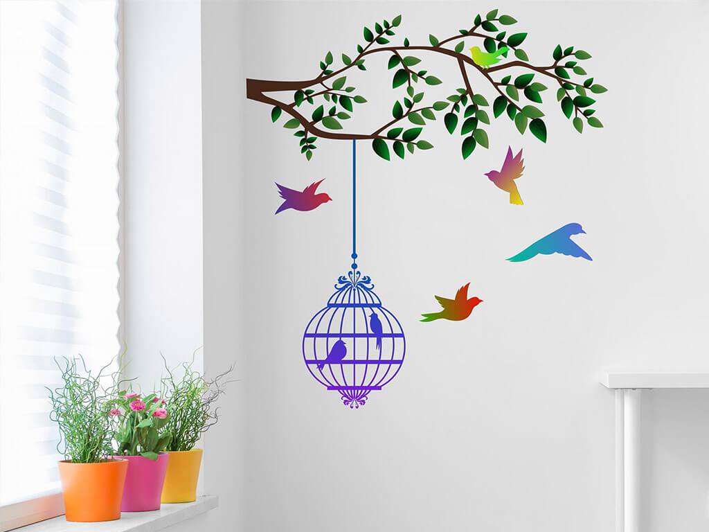 Sticker decorativ pentru perete, Folina, Creangă cu păsări colorate, 60x70 cm