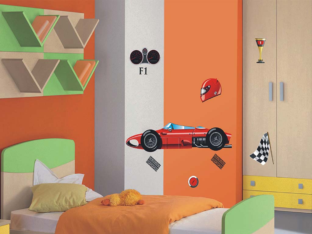 Sticker maşină curse Formula 1, AGDesign, decorațiune pentru copii, planșă sticker 65x85 cm