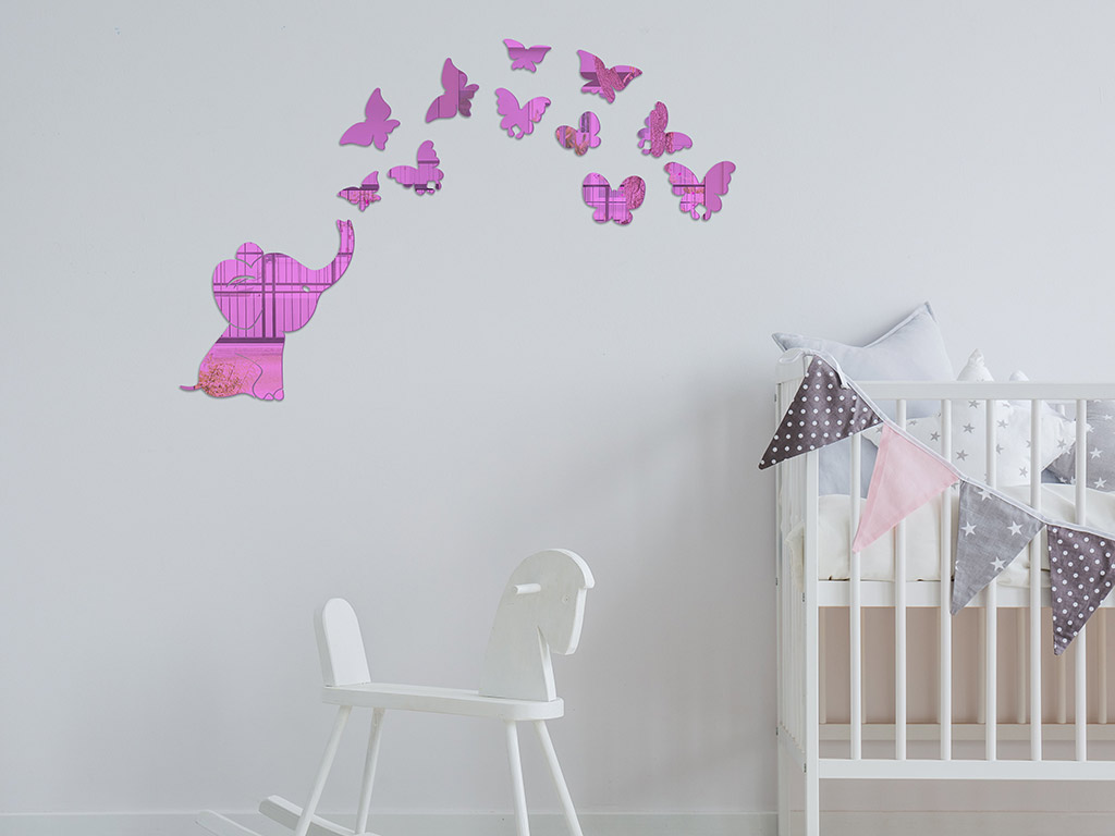 Sticker oglindă roz Micul elefant, Folina, decoraţiune cameră fetiţă, set 12 stickere