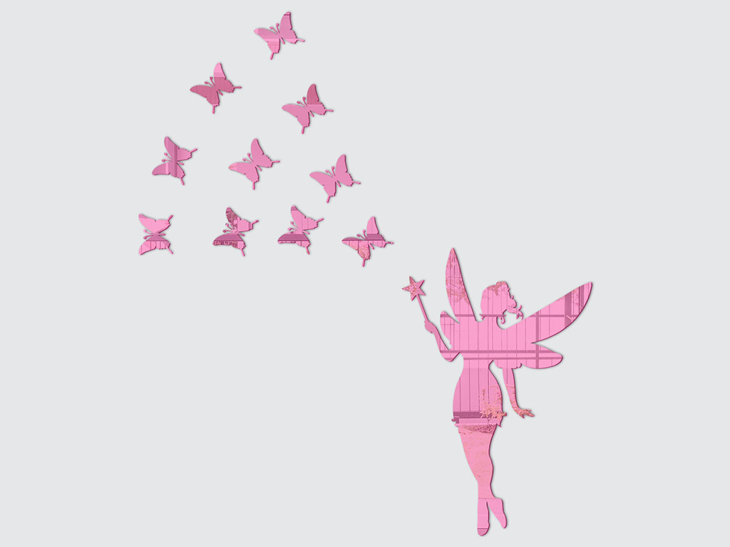Sticker oglindă Zâna fluturilor, Folina, decoraţiune perete cameră fetiţă, din oglindă acrilică roz