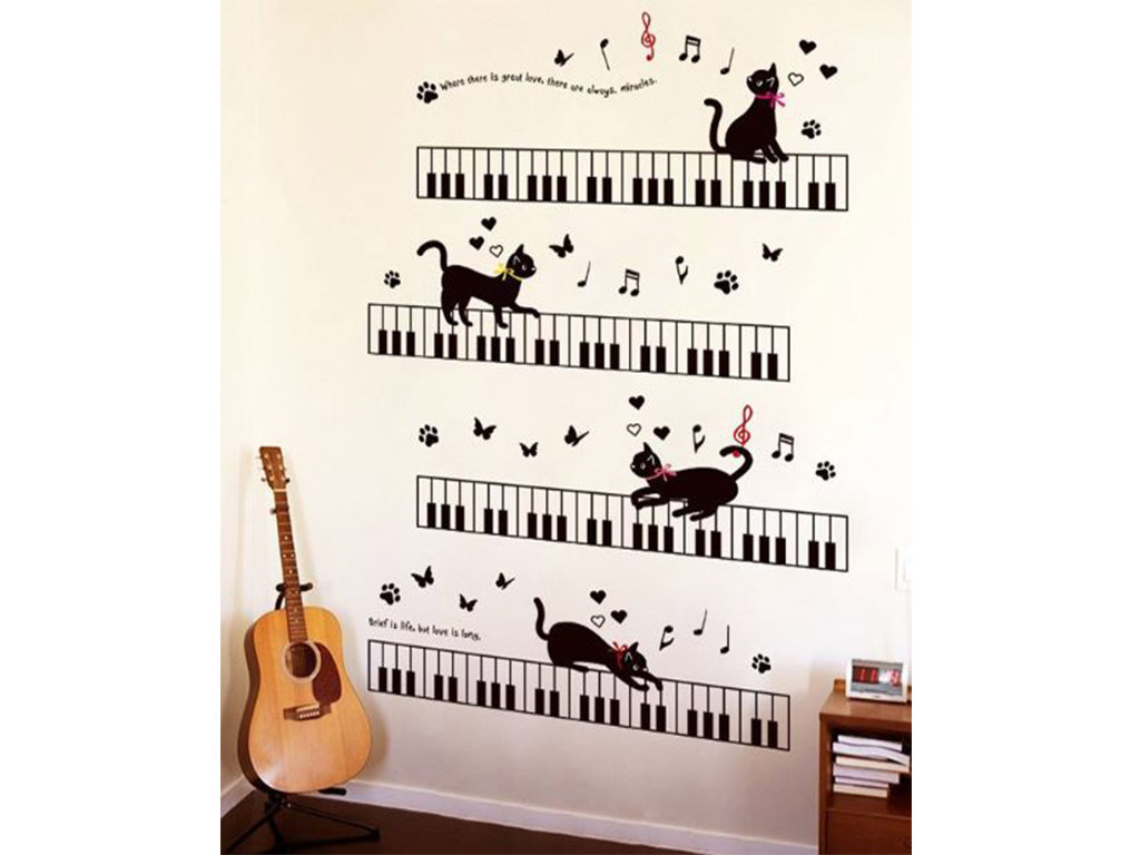 Sticker perete Muzica, Folina, model cu clape pian şi pisici, planşă de 90x60 cm