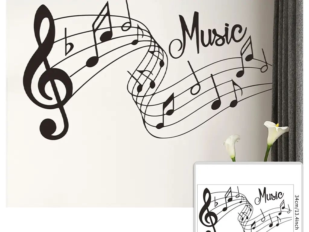 Sticker perete Portativ cu note muzicale, Folina, autoadeziv, negru