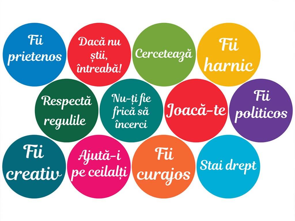 Sticker Regulile clasei, Folina, multicolor, set 12 buline mari cu mesaje, planșă mare de 100x125 cm , racletă de aplicare inclusă